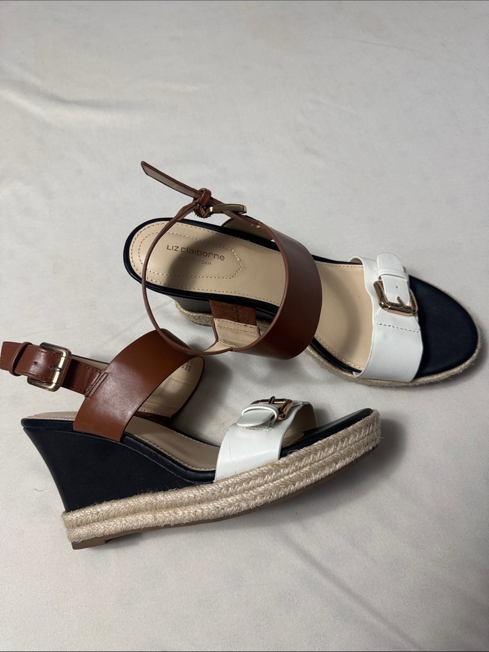 Liz Claiborne Brown, White and Black Espadrille Wedge Sandals